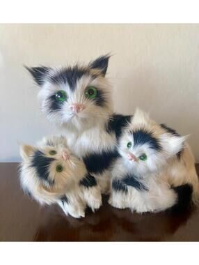 Jerry Elsner Fur Cat Mother & 2 Kittens Black White Green Eyes 50s Vintage